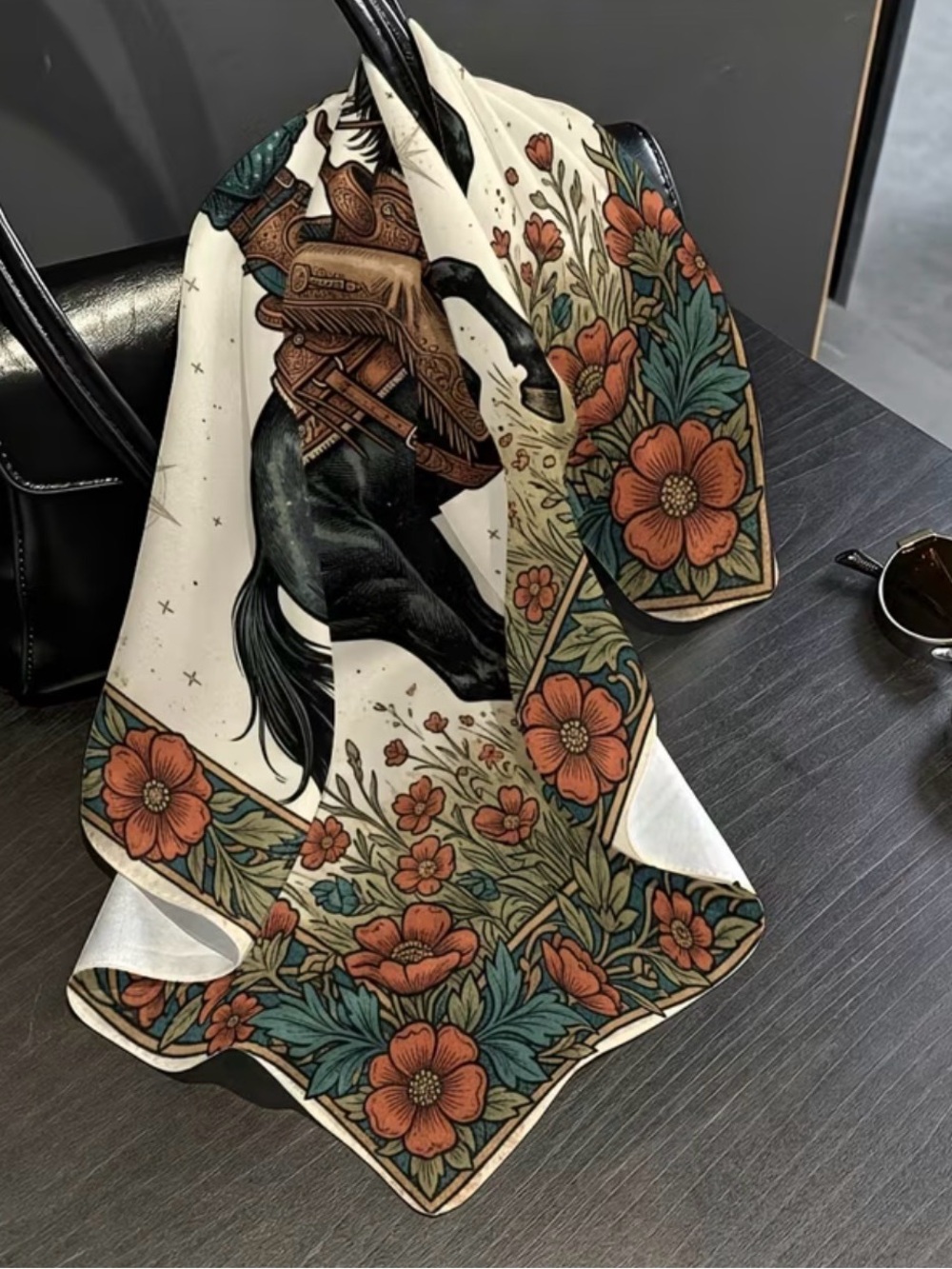 NWT Western Cowgirl Wild Rag Scarf Black Horse Floral Satin Large Square - Picture 3 of 5
